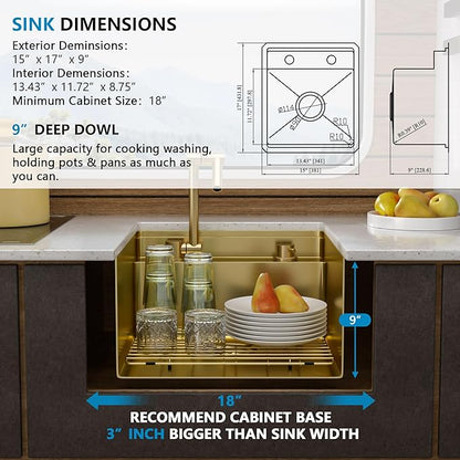 15"x17" Undermount RV Kitchen Sink Workstation – Brushed Gold NANO-PVD, 16 Gauge 304 Stainless Steel, Single Bowl Basin with Foldable Faucet for RV, Camper, Mobile Home, Wet Bar