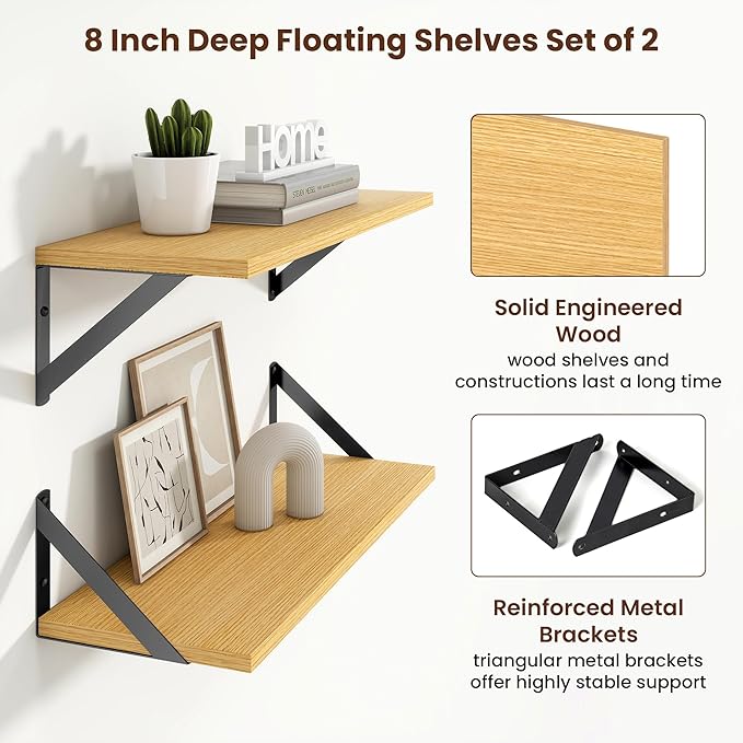 Axeman 20 Inch Floating Shelves | 8 Inch Deep Oak Wall Shelves Set of 2 | 20''W x 8''D Rustic Oak Shelves for Bathroom Living Room Bedroom Kitchen