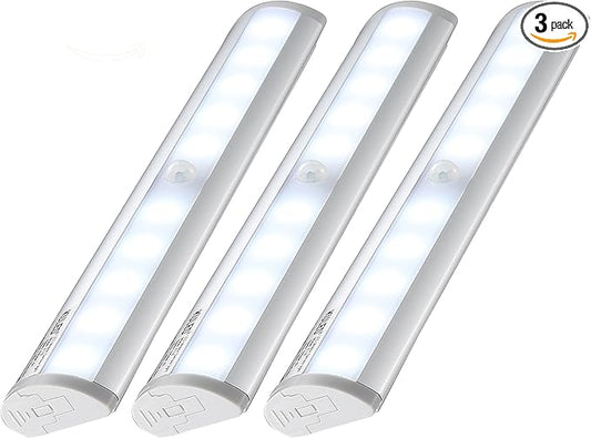 KULED 10-led Motion Auto Sensing LED Light, Battery Powered DIY Stick-on Under Cabinet Anywhere Portable Wireless with Magnetic Tape Strip Night Light 3 Pack