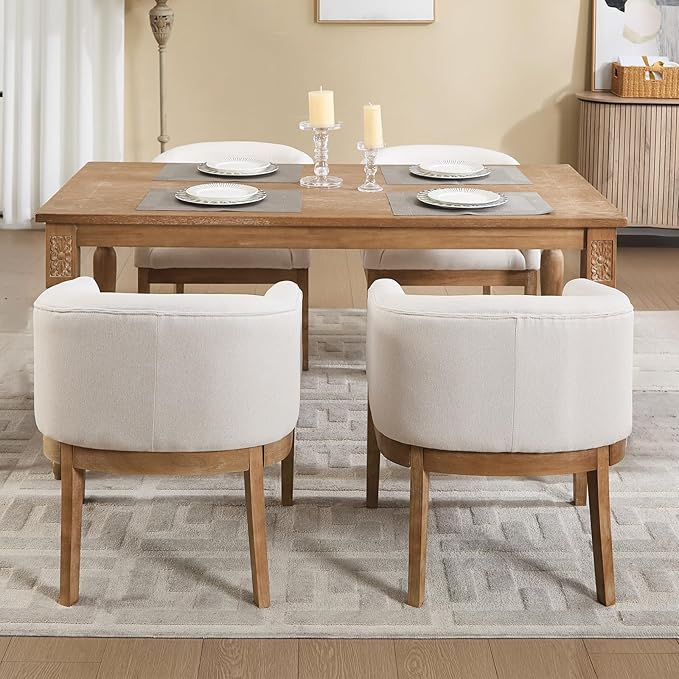 Barrel Dining Chairs Set of 4, Mid Century Modern Farmhouse Kitchen Chairs with Wood Legs, Linen Upholstered Accent Chair with Arms for Living Room/Bedroom, Beige