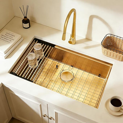 MILOSEN 33 Inch Gold Undermount Kitchen Sink,33" x 19" Gold Stainless Steel Sinks, Single Bowl Workstation Sink with Custom Accessories, Handmade Under Counter Design, 9'' Large and Deep Kitchen Sinks