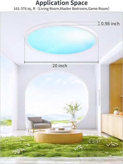 20 Inch Flush Mount Ceiling Light with Blue Sky Cover, Dimmable Ceiling Lamp with Remote, 42W LED Lighting Fixtures Sunlight Effect, Modern Slim Design for Classroom Bedroom Living Room, Round White