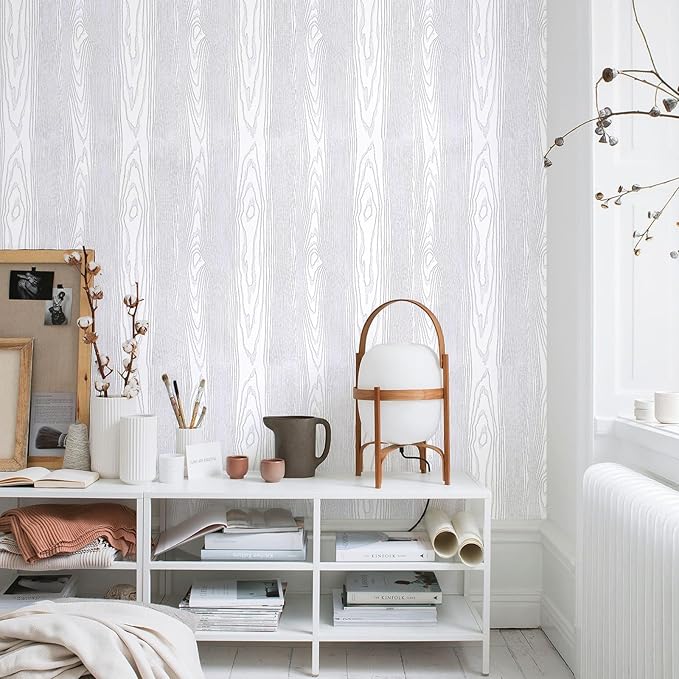 Yun-aeon White and Silver Wood Contact Paper 17.3"x120" Rustic Wooden Peel and Stick Wallpaper Removable Self-Adhesive Wallpaper Wood Grain Contact Paper for Countertops Cabinets