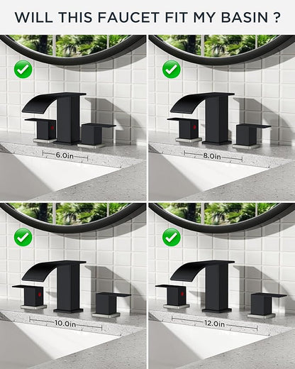 FORIOUS Black and Brushed Nickel Bathroom Faucets 3 Hole, Waterfall Square 8 Inch Widespread Bathroom Sink Faucet with Metal Pop-up Drain and Supply Lines, Two Handles for Vanity, RV, Farmhouse