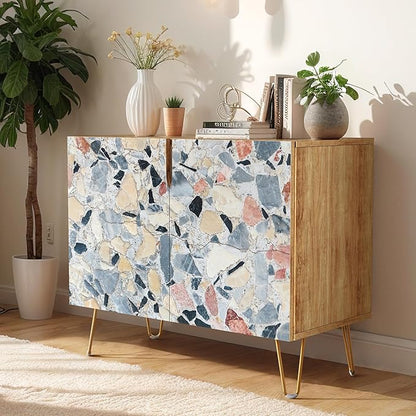 SIGNWIN Sideboard Buffet Cabinet, Kitchen Storage Cabinet with 2 Doors, Colorful Fractal Granite Pattern, Cupboard Console Table for Dining Room - 35" L x 18" W x 29" H