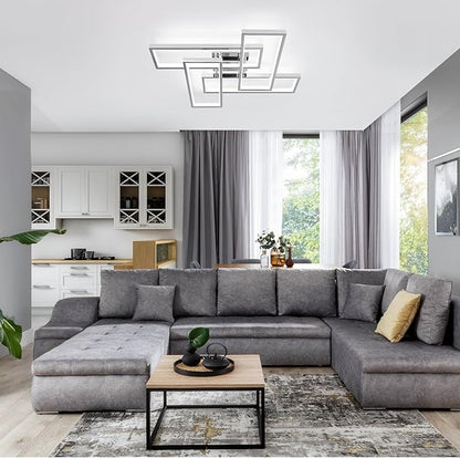 Dimmable Modern LED Ceiling Light, 4-Square Modern Ceiling Lighting for Living Room with Remote Control 26In Chrome Bedroom Ceiling Lights Fixures for Kitchen, Bathroom, Dining Room
