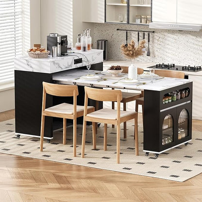 Extendable Dining Table with Extra-Long Folding Top, Mobile Kitchen Storage Islands with Drawers, Power Outlet and Brake Lock, Storage Cabinet for Kitchen and Dining Room (Black + Marble White)