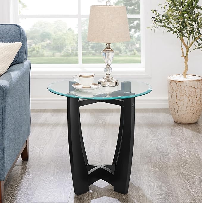 23.5" Round Side Tables, Small Space End Table with Tempered Glass Tabletop, Glass Coffee Table with Cross and Solid Wood Base, Small Night Stand for Living Room Black
