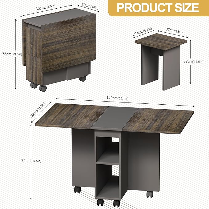 Folding Dining Table Set for 4, Dinner Table with 4 Chairs，Drawers and Shelves,Space Saving Foldable Dining Table with Wheels, Kitchen Table for Small Spaces