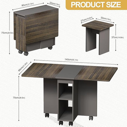 Modern Dining Table with Cabinet and Removable Wheels, Multi-Functional Kitchen Island, Side Table, Coffee Table, Console, Adjustable Design,Brown-MDF