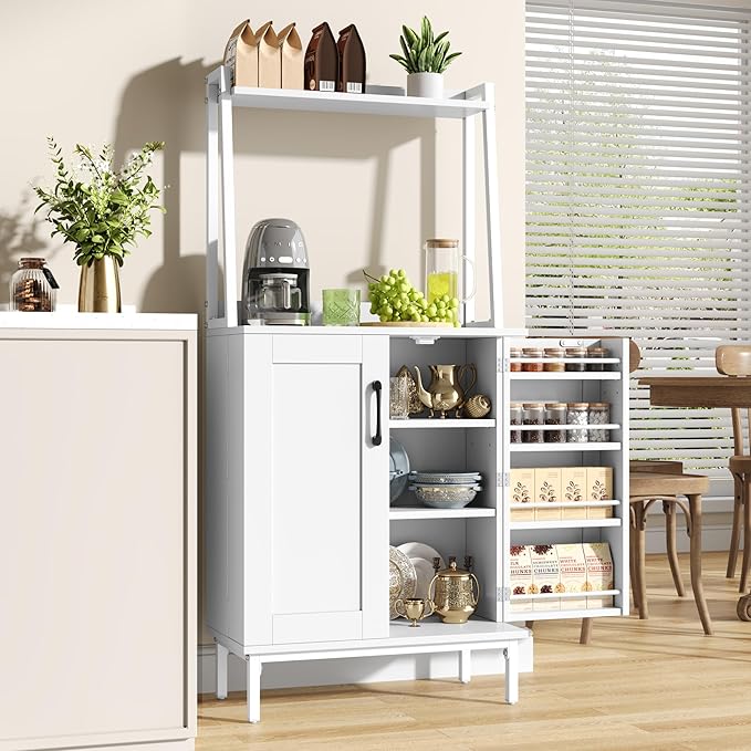 51” Pantry Cabinets with Adjustable Shelves, Small Kitchen Pantry Storage Cabinet with Microwave Shelves, Freestanding Buffet Cupboards Sideboard for Kitchen, Dining Room, Living Room Use (White)