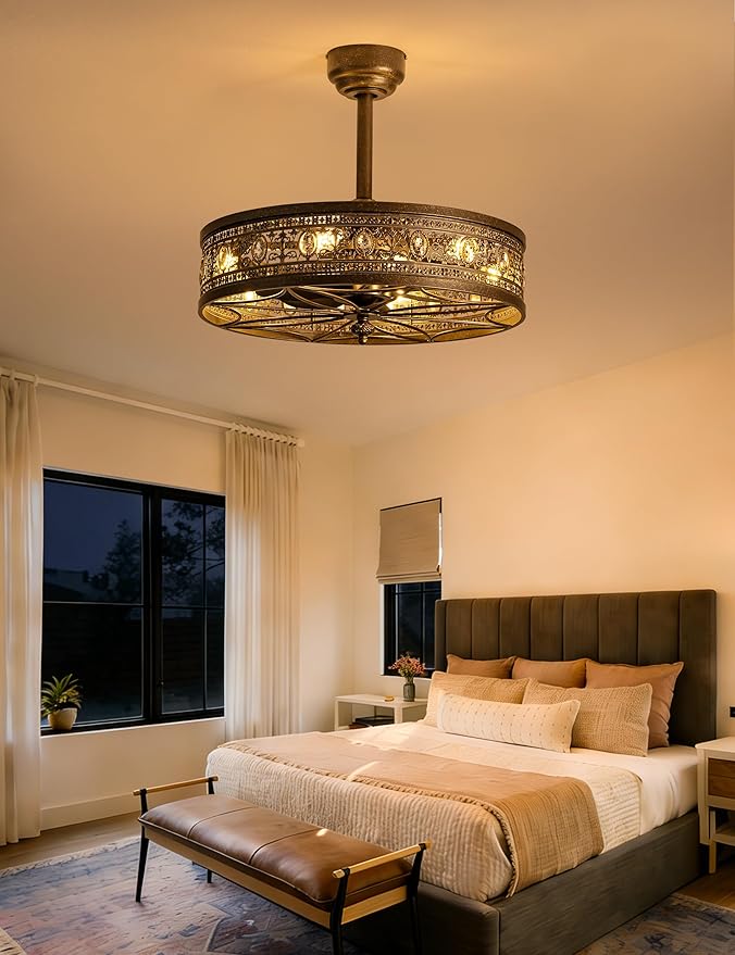Vintage Chandelier Ceiling Fan with Light,Caged Bladeless Enclosed Fandelier,Antique Bronze Victorian Baroque Elegant Crystal Light Fixture,Hanging/Flush Mount for Bedroom,Dining Room,Living Room