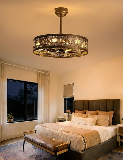 Vintage Chandelier Ceiling Fan with Light,Caged Bladeless Enclosed Fandelier,Antique Bronze Victorian Baroque Elegant Crystal Light Fixture,Hanging/Flush Mount for Bedroom,Dining Room,Living Room