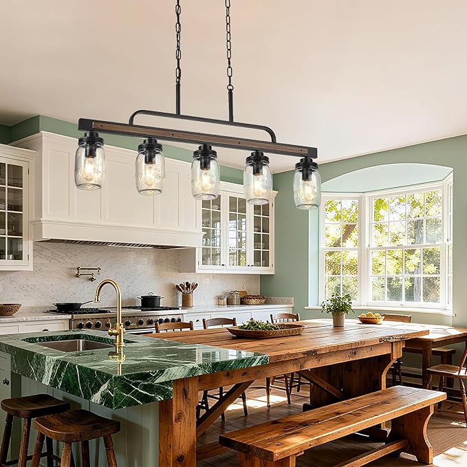 5-Light Rustic Farmhouse Dining Room Light, Black Mason Jar Chandelier Lighting Fixture for Kitchen Island, Dining Room, Cluster Hanging Pendant Light with Jar Glass Shade