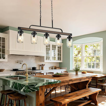 5-Light Rustic Farmhouse Dining Room Light, Black Mason Jar Chandelier Lighting Fixture for Kitchen Island, Dining Room, Cluster Hanging Pendant Light with Jar Glass Shade
