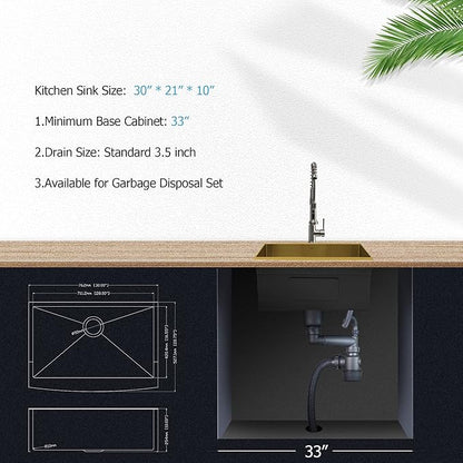 Lordear 30 Inch Gold Farmhouse Sink 30X21 Kitchen Sink Apron Front 16 Gauge Stainless Steel Matte Gold Deep Single Bowl Farm Sinks Basin