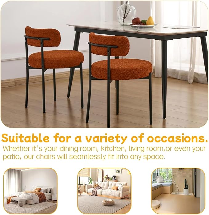 EDWELL Orange Dining Chairs Set of 4, Mid-Century Modern Dining Room Chairs with Thick Cushion, Round Upholstered Boucle Chairs for Kitchen, Living Room, Armless Kitchen Chairs with Black Metal Legs