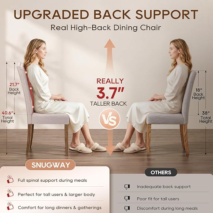 Upholstered Dining Chair Modern Stylish Parsons Kitchen Diner High Back with Silver Nailhead Trim & Wood Legs, Set of 4, Fabric Beige