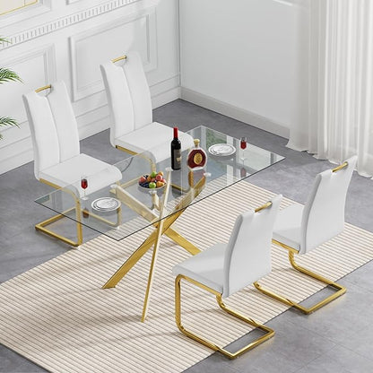 Glass Dining Table,51'' Rectangular Dining Kitchen Table,Modern X-Design Dining Room Table with Golden Metal Base for Dining Room