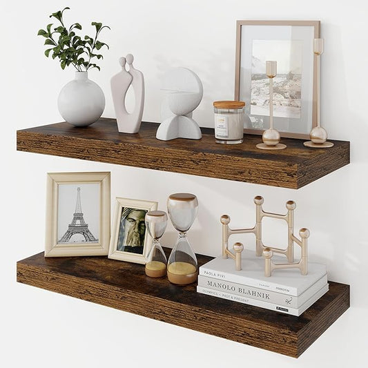 Acovy 24 Inch Floating Shelves, 9.3" Deep Floating Shelf Wall Mounted, 24" Wall Shelves, Rustic Deep Bookshelf, Large Display Shelves & Storage Shelves for Bedroom, Living Room, Brown, Set of 2