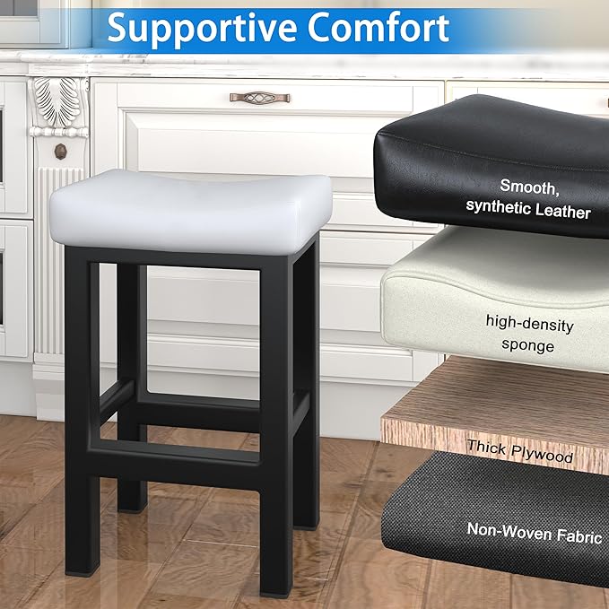 Bar Stools Set of 2, 24 Inch Counter Height Bar Stools for Kitchen Island, Faux Leather Upholstered Thick Saddle Seats & Heavy Duty Metal Base, Easy Assembly, White