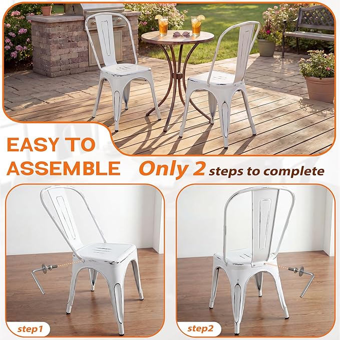 Shahoo Metal Dining Chairs Classic Iron Stackable Industrial Vintage Trattoria with Back, Indoor-Outdoor Side Settee for Home Bistro Cafe Kitchen Restaurant Set of 4, Old White