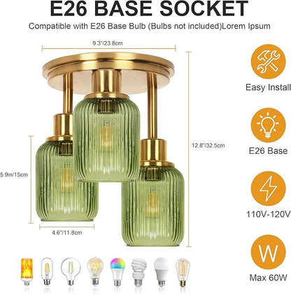 Semi Flush Mount Ceiling Light, 3-Light Close to Ceiling Light Fixtures, Brass Gold Finish Kitchen Light Fixtures with Green Glass Shades Patriot Lighting for Entryway Porch Hallway, Gold & Green