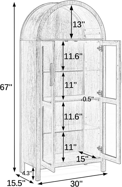 Ball & Cast 67" Tall Arched Kitchen Pantry Cabinet with Lamp, Modern Wooden Storage Cabinets with Glass Doors & Adjustable Shelves,Versatile Display Cabinet for Kitchen, Living Room,Dining Room,Black