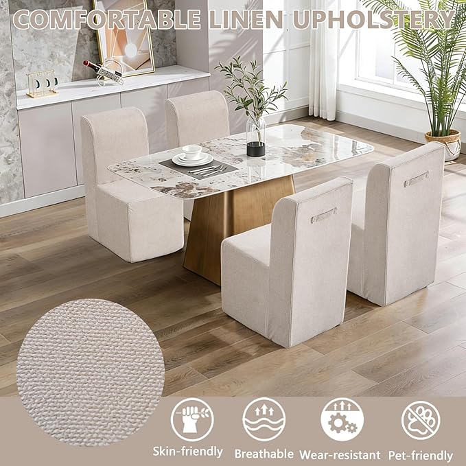 Modern Linen Upholstered Armless Dining Chair, Comfortable Dining Room Chair Side Leisure Chairs with Mid Back for Dining Room Kitchen Bedroom Reading Room, No Assemble, Beige