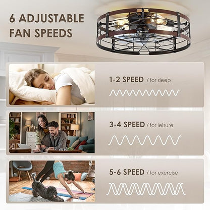 ZYD 20" Caged Ceiling Fan with Light, Farmhouse Cieling Fan with Quiet DC Motor, Rustic Metal Cage with Wood Grain Accent, Ideal for Bedroom, Living Room, Kitchen, Dining Room, Cafés, Restaurants