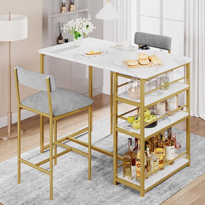 GAOMON Dining Table Set for 2, Counter Height Kitchen Table and Chairs, Bar Table Set with 2 Upholstered Bar Stools, 3 Piece Dining Room Table Set for Small Space, Apartment, Gold