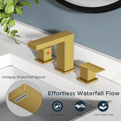 FORIOUS Brushed Gold Bathroom Faucet 3 Hole, 8 Inch Widespread Waterfall Bathroom Sink Faucet Gold with Metal Pop-Up Drain and cUPC Supply Lines Included for Restroom, Lavatory, Vanity Sink