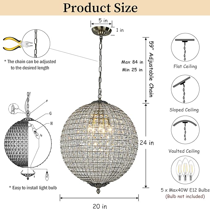 ALOADECOR 5-Light W20 in Vintage Crystal Sphere Chandelier in Antique Gold Modern Glam Globle Cage-Style Shade Pendant Light for Dining Room Living Room