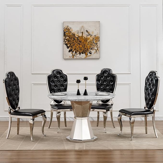47" Round Marble Dining Table for 4-6, Luxury Modern Kitchen Table with Marble Grain MDF Tabletop & Silver Mirrored Stainless Steel Pedestal Base, Grey Stone Dinner Table for Dining Room (Table Only)