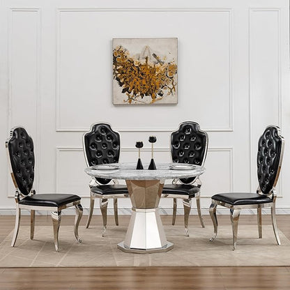 47" Round Marble Dining Table for 4-6, Luxury Modern Kitchen Table with Marble Grain MDF Tabletop & Silver Mirrored Stainless Steel Pedestal Base, Grey Stone Dinner Table for Dining Room (Table Only)