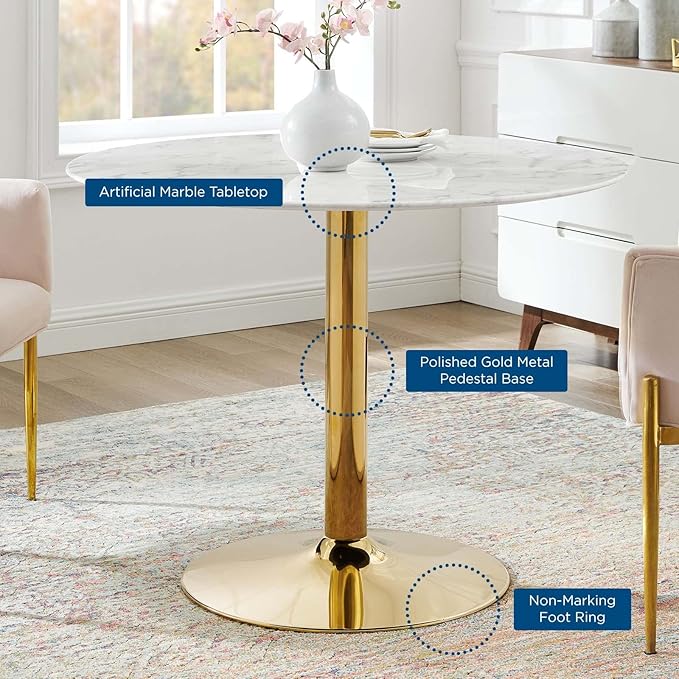 Modway Verne Round Artificial Marble 40" Dining Table in Gold White