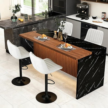 GOWE 63" Modern Kitchen Island Set with 4 Beige Bar Stools - Black Marble Look Surface, LED Lighting & Grill Design for Dining Room, Open Concept Spaces, Lounge(4 Beige Bar Stools)