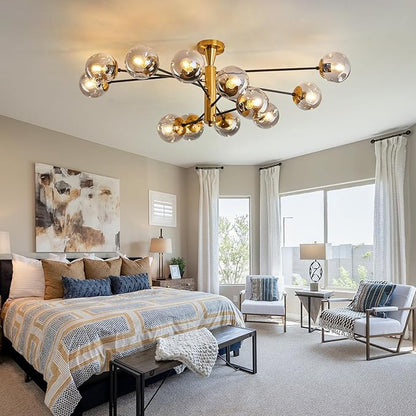 hesoge Large 12 Light Sputnik Semi Flush Mount Ceiling Light Fixture Gold Mid Century Modern Chandelier with Glass Globe Close to Ceiling Light for Living Room Kitchen Dining Room Bedroom.