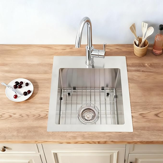 Drop In Bar Sink 15 X 17 inch,16 Gauge Stainless Steel Bar Sink,Outdoor Small RV Sinks,Top Mount Prep Sink for Wet Bar Area (15" X 17")
