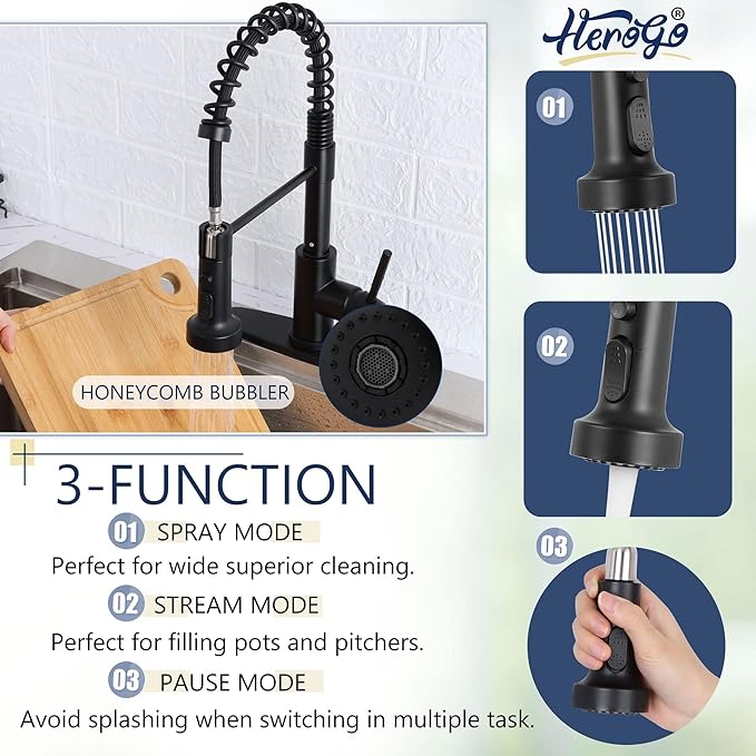 Kitchen Faucets with Pull Down Sprayer Matte Black, Herogo 2.0 Upgraded Commercial Stainless Steel Single Handle Pull Out Spring Sink Faucets with Deck Plate for Utility Farmhouse Laundry Rv Wet