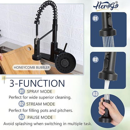Kitchen Faucets with Pull Down Sprayer Matte Black, Herogo 2.0 Upgraded Commercial Stainless Steel Single Handle Pull Out Spring Sink Faucets with Deck Plate for Utility Farmhouse Laundry Rv Wet