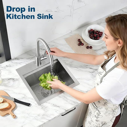 Doirteal 15 x 15 inch Drop-in Kitchen Sink, 16 Gauge Stainless Steel Single Bowl Bar Prep Sink, 9 Inch Deep Compact Topmount Sink for Apartment, RV and Small Spaces, Brushed Silver