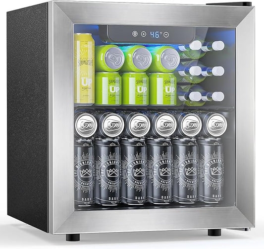 Electactic 48 Can Beverage Refrigerator,12 Bottle Wine Cooler with Stainless Steel Glass Door, Digital Temperature Display, Countertop Mini Fridge for Soda, Wine or Beer, Silver