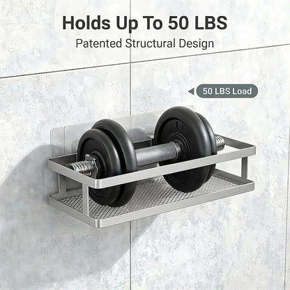 PUSDON 2-Pack Minimalist Shower Caddy Wall Mount, Open Frame Bathroom Shelf Organizer with Mesh Base, Rustproof Floating Spice Rack for Kitchen, Holds 50 LBS, 4 Hooks - Silver Gray, Guardrail