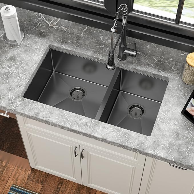 Sarlai 33 Black Kitchen Sink - 33 inch Undermount Kitchen Sink Double Bowl Gunmetal Black 16 Gauge Stainless Steel Double Sinks 60/40 Undermount Basin