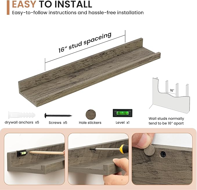 Dreamland Picture Ledge Shelf for Wall, Floating Shelves Set of 2,24 inch Long Floating Shelves with Lip for Living Room,Bedroom,Bathroom,Kitchen,Grey