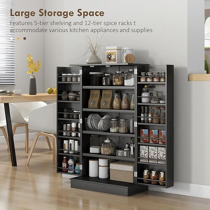 41" Modern Kitchen Pantry, Freestanding Storage Cabinet with 12 Door Shelves, Double Doors, 5-Tier Shelving and Adjustable Shelves, Black, Easy to Maintain, for Dining Room