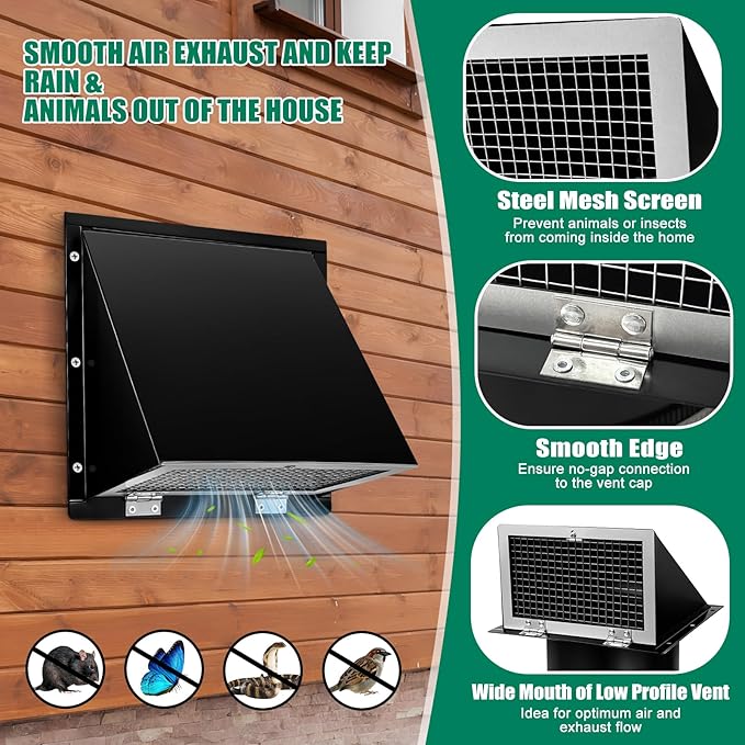 6 Inch Hooded Wall Vent Cover with Screen and Damper Galvanized Steel Exhaust Vent for Kitchen Range Hood HVAC Dryer, Black