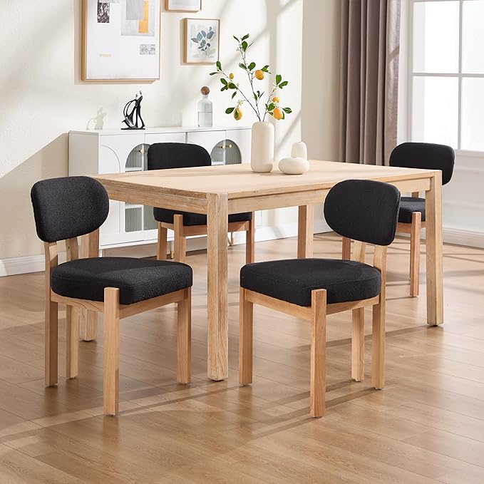 Chenille Dining Chairs Set of 6, Comfy Upholstered Dining Room Chairs Mid Century Modern Farmhouse Fabric Kitchen Chairs with Rubber Wood Legs for Dining Room Kitchen Island Home (Black)