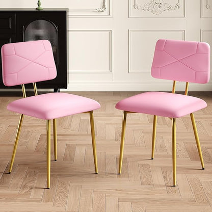 VECELO Dining Chairs Set of 2, Modern Upholstered Kitchen Chairs with Faux Leather Cushion Seat & Metal Legs for Kitchen, Living Room, Tufted Backrest Design, Pink